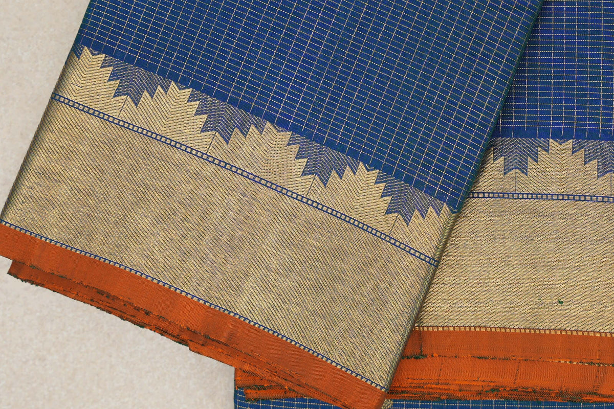 Peacock Blue with Zari Checks Vintage Kanjivaram Silk Saree border