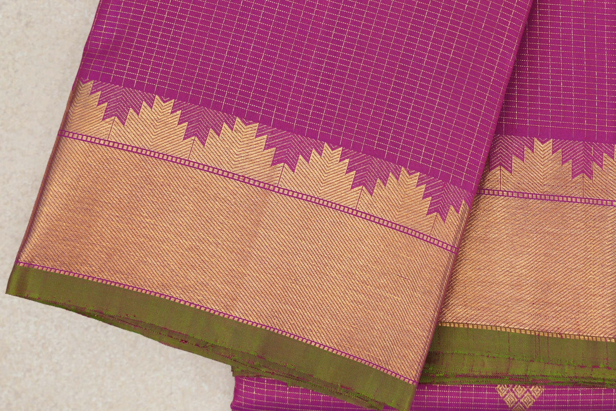 Bright Magenta Pink Zari Checks Vintage Kanjivaram Silk Saree border