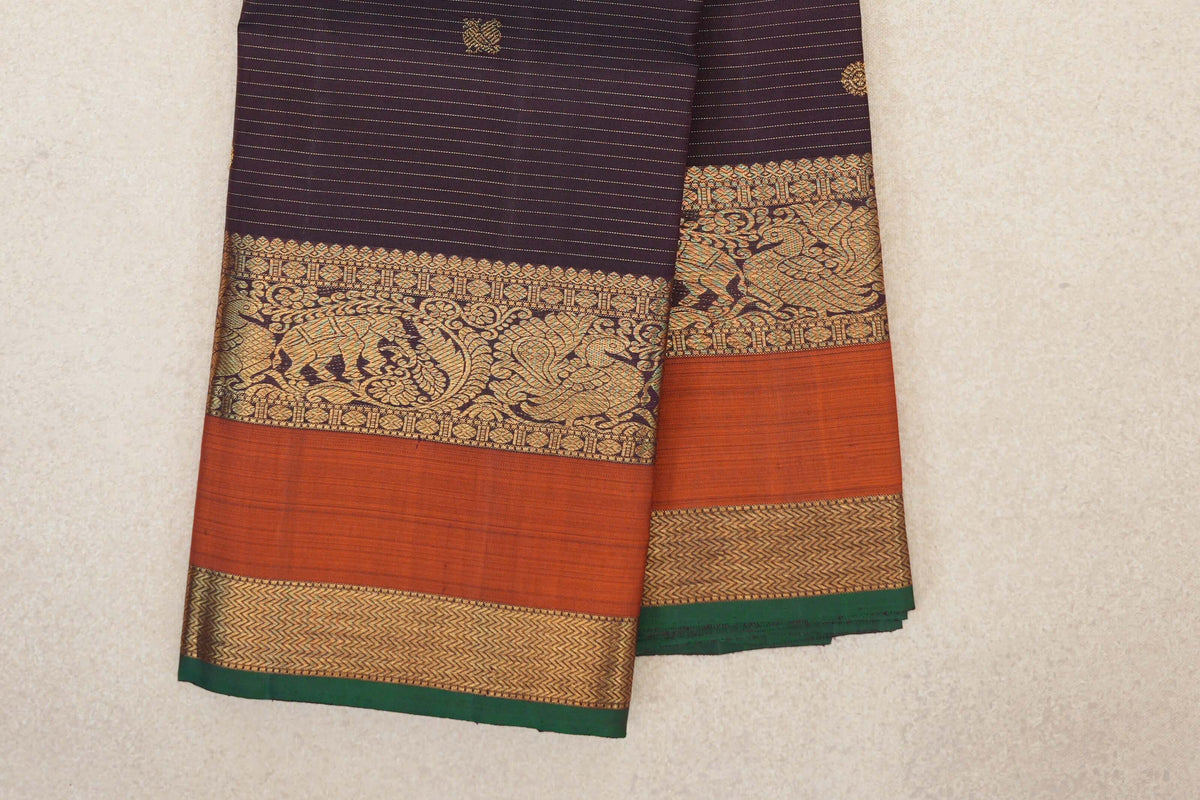 Deep Plum Brown Vaira Oosi with Rettai Pettu Vintage Kanjivaram Silk Saree border