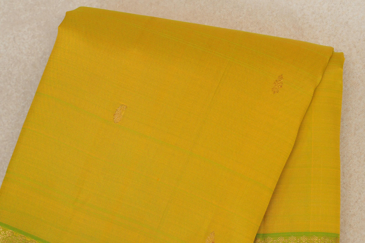 Lemon Yellow with Bright Parrot Green with Dual Tone of Pink and Yellow Selvedge Borders Vintage Kanjivaram Silk Saree body