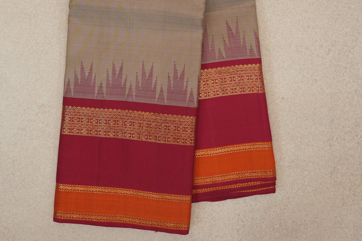 Dark Beige with Reddish Pink Rettai Pettu Borders Vintage Kanjivaram Silk Saree border
