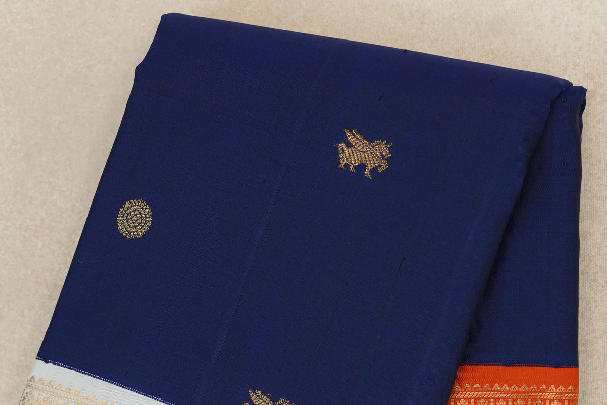 Deep Royal Blue with Milk White/Deep Orange Borders Vintage Kanjivaram Silk Saree body