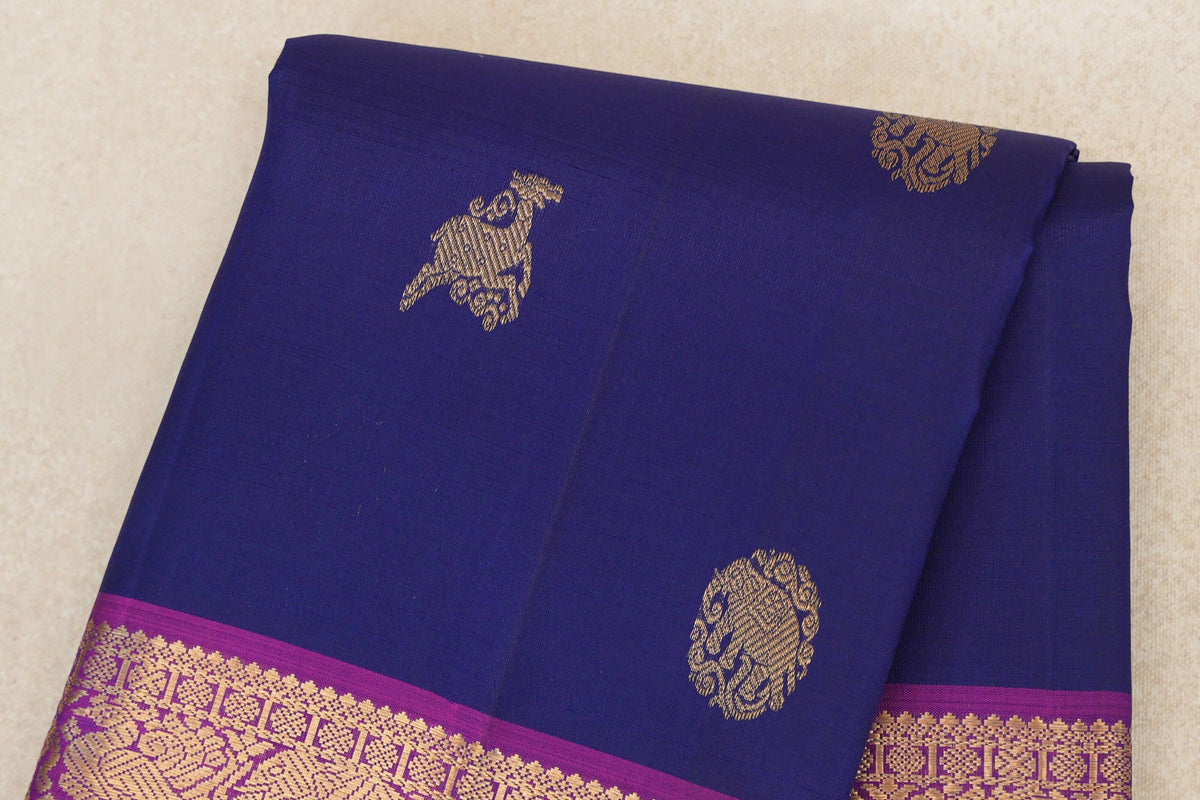 Deep Royal Blue with Bright Purple with Deep Bottle Green Selvedge Borders Vintage Kanjivaram Silk Saree body