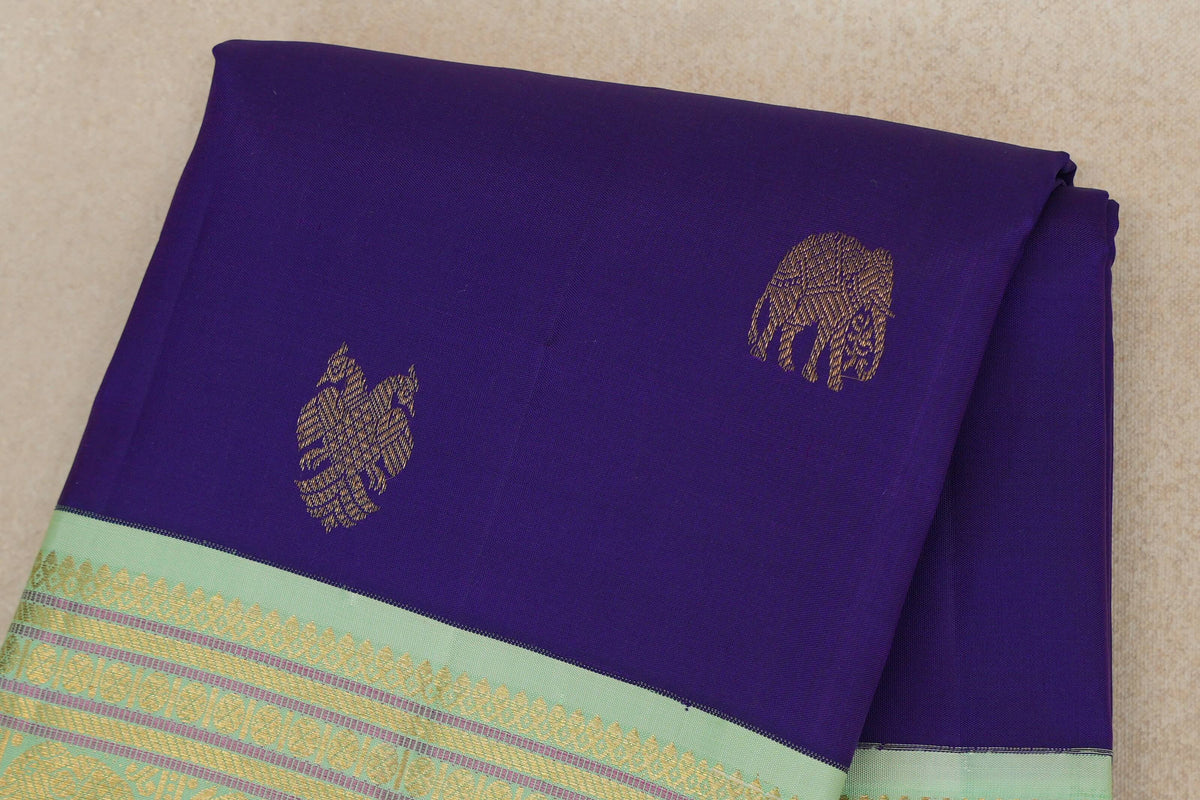 Deep Violet Purple with Pistha Green with Yellow Selvedge Borders Vintage Kanjivaram Silk Saree body