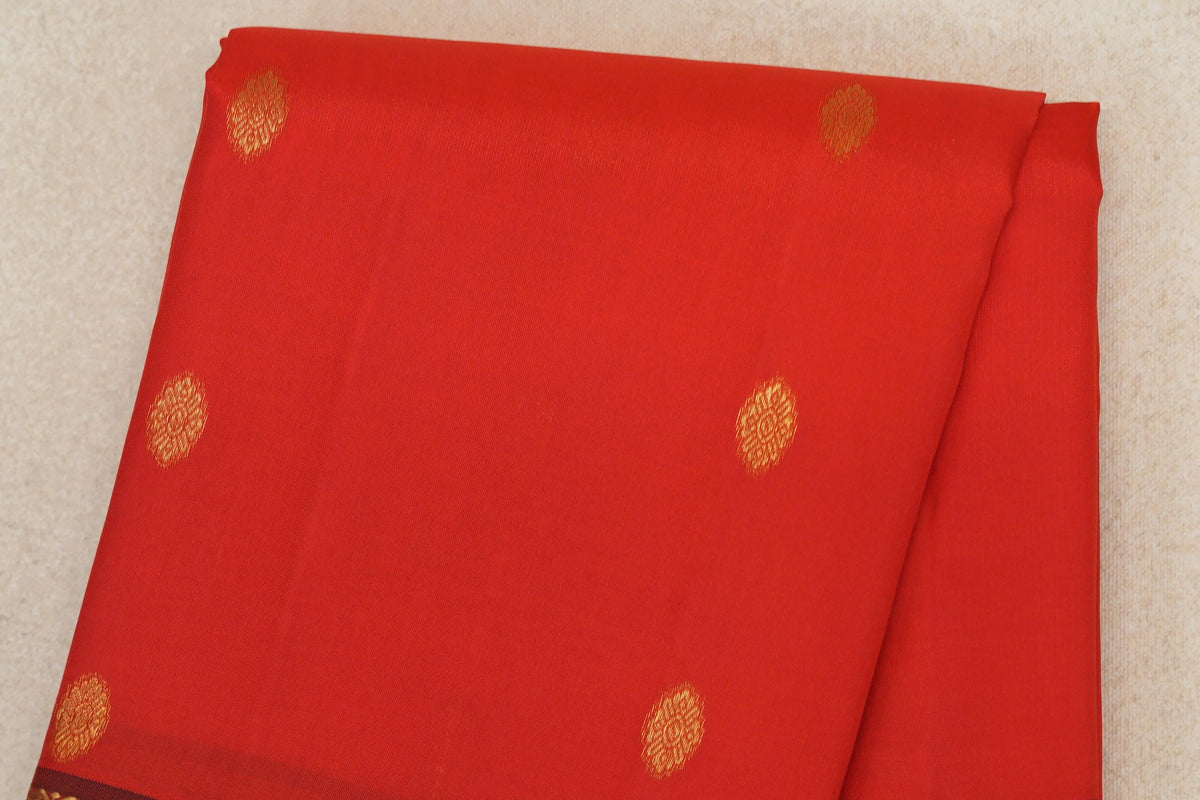 Bright Tomato Red with Deep Maroon Borders Vintage Kanjivaram Silk Saree body