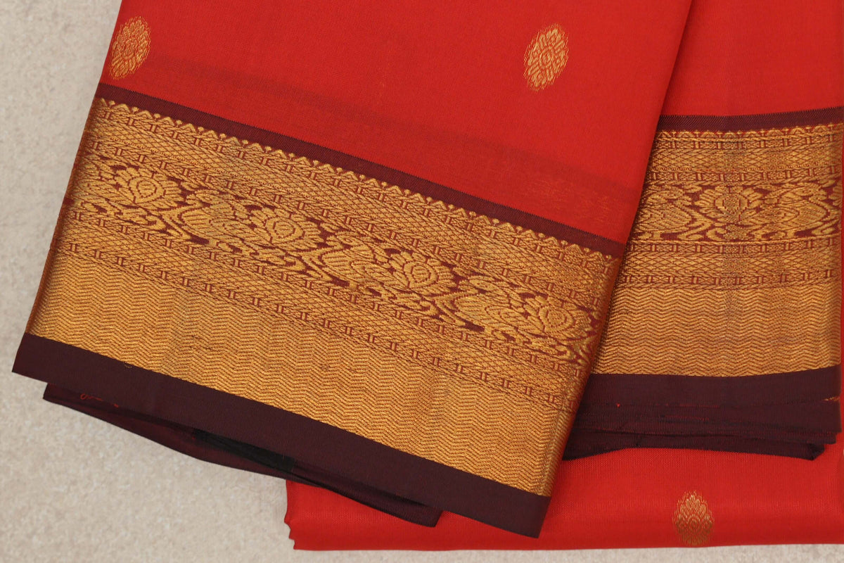 Bright Tomato Red Vintage Kanjivaram Silk Saree border