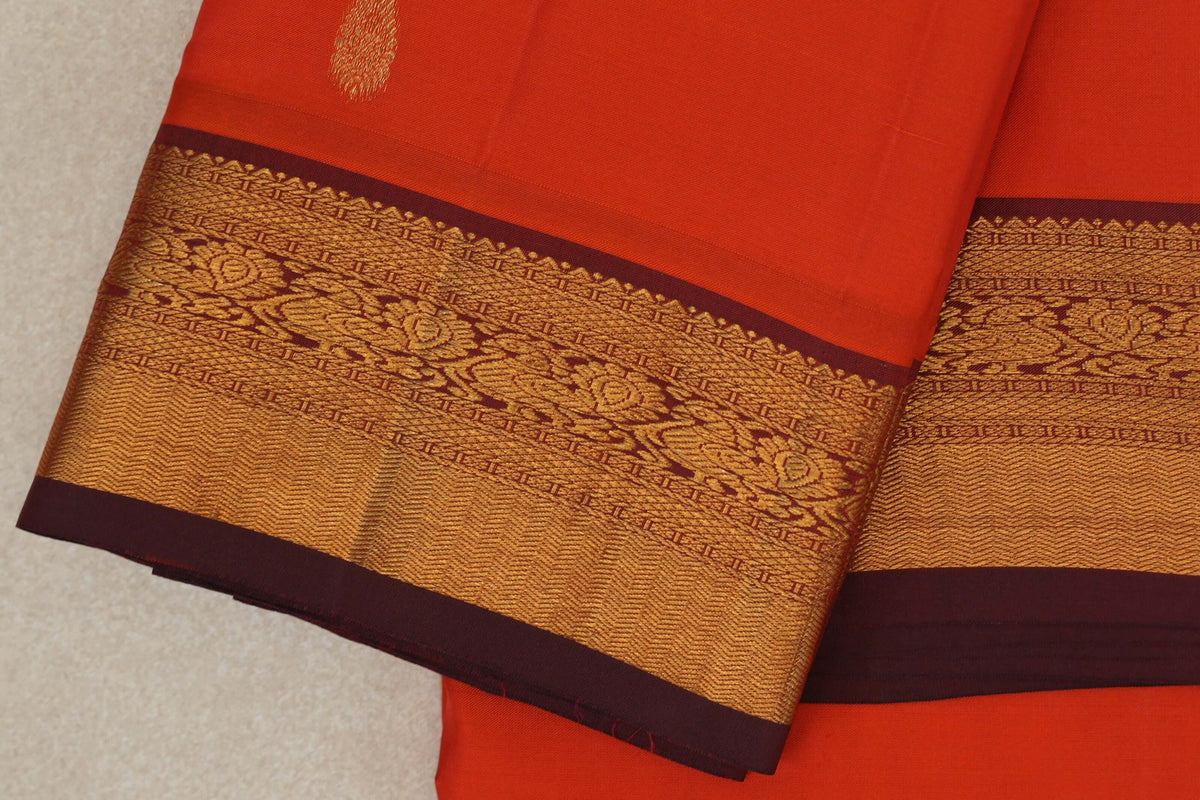 Bright Reddish Orange Vintage Kanjivaram Silk Saree  border