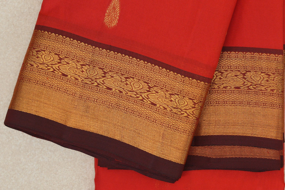 Bright Tomato Red Vintage Kanjivaram Silk Saree border